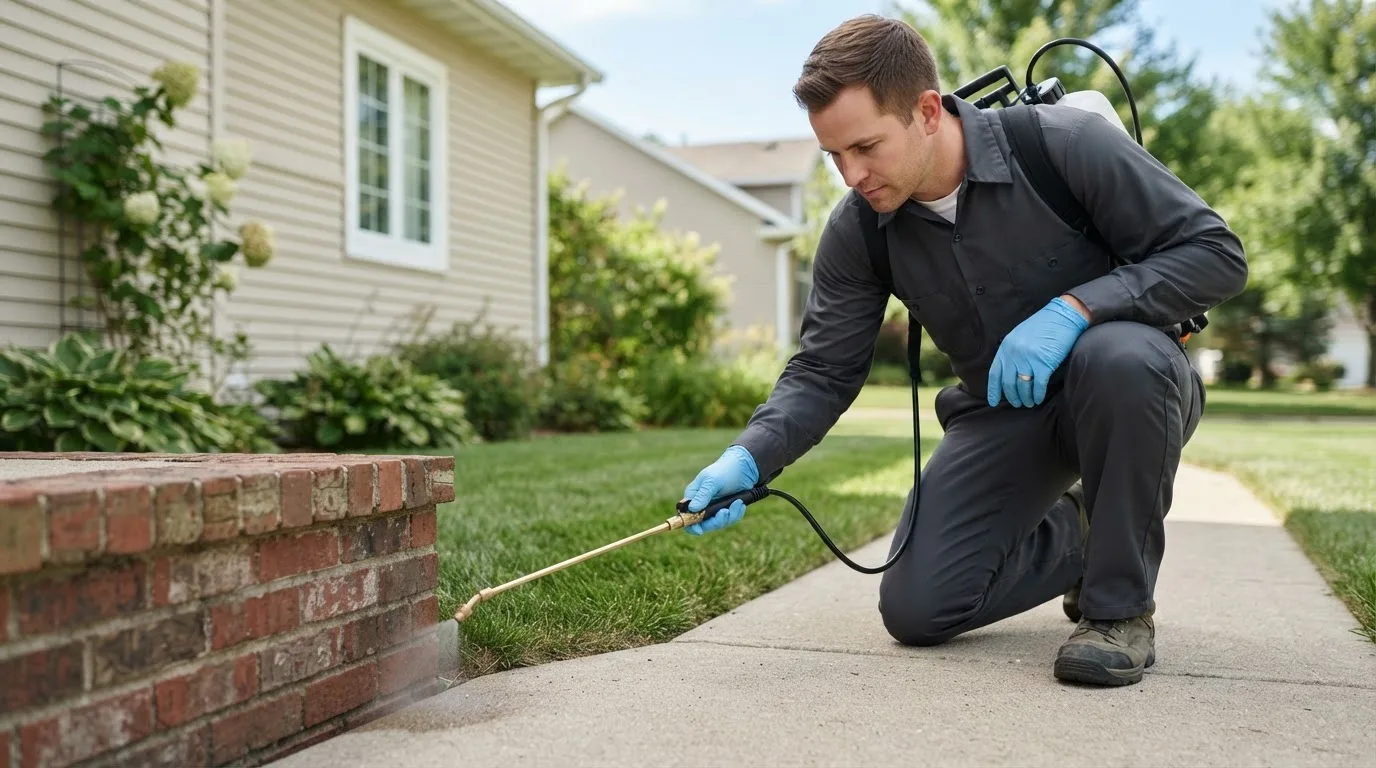 Pest control technician treating a home near Rutland, VT